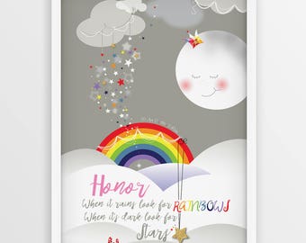 Rainbow and Moon Personalised Print, Rainbow Nursery Artwork, Rainbow Wall Art, Look for rainbows