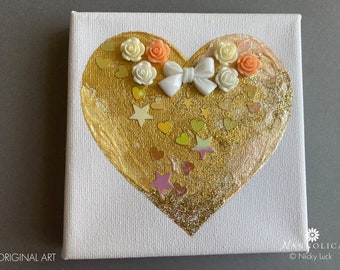 Gold heart painting, Heart abstract painting, Heart mixed media painting, Gold Glitter Heart Art, Heart Canvas Art, Love Heart art