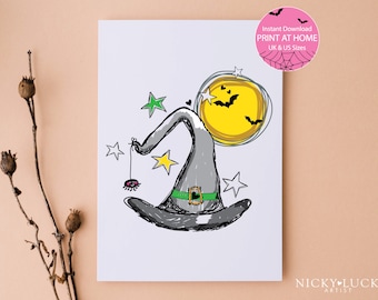 Printable Witches Hat Halloween card, Cute witches hat card