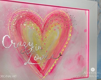 Pink Heart Painting, Crazy in Love Neon Pink and Yellow painting, Pink Abstract Heart Art