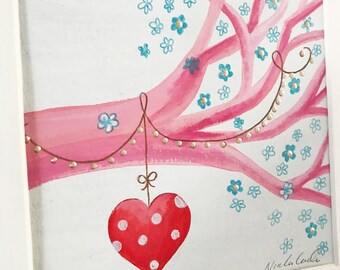 Pink Tree painting, Original painting, Original Art, Blossom painting, Tree painting, Hearts painting, Red heart painting, Tree of love art