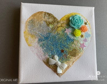 Heart abstract painting, Heart mixed media painting, Heart Home Decor, Gold Glitter Heart Art, Heart Canvas Art, Love Heart Art