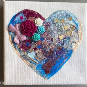 Heart abstract painting, Heart mixed media painting, Blue Heart Painting, Purple Glitter Heart Art, Heart Canvas Art, Love Heart Art, Clare image 1