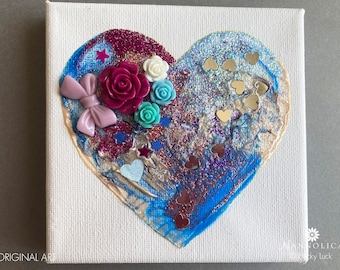 Heart abstract painting, Heart mixed media painting, Blue Heart Painting, Purple Glitter Heart Art, Heart Canvas Art, Love Heart Art, Clare