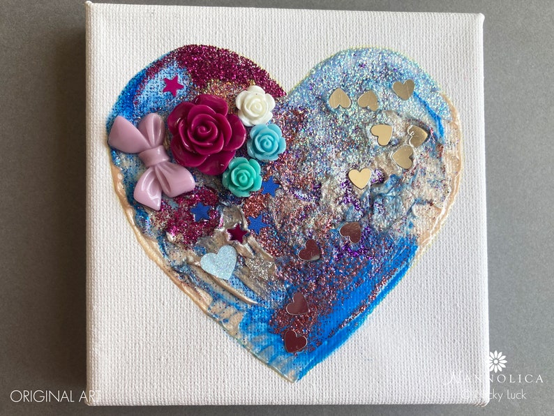 Heart abstract painting, Heart mixed media painting, Blue Heart Painting, Purple Glitter Heart Art, Heart Canvas Art, Love Heart Art, Clare 画像 1