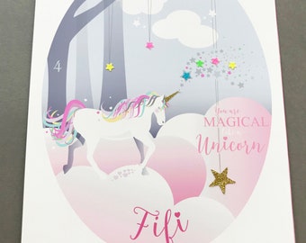 Rainbow Unicorn print with glitter, Personalised Unicorn Print, Pink Unicorn Print, Personalised Unicorn Nursery Print