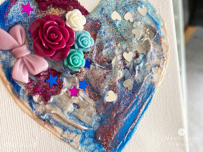 Heart abstract painting, Heart mixed media painting, Blue Heart Painting, Purple Glitter Heart Art, Heart Canvas Art, Love Heart Art, Clare 画像 2