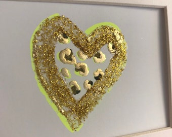 Neon yellow heart painting, Gold glitter heart art, Nursery art, neon heart, leopard print heart, Heart nursery art