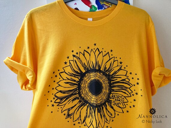 Sunflower T Shirt with Stars,  Follow the Sun Motivational T Shirt, Wildflower Gardener T Shirt, Sunflower Floral Tee, Flower T Shirt