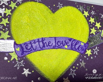 Framed Yellow Heart Painting, Neon Yellow Heart Art, Silver Star Art, Glitter Heart Art, Twinkle Stars, Let The Love Flow, Yellow Love Heart