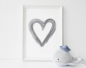 Grey Heart Wall Art Unframed, Minimal Heart Wall Art Print, Black and Grey Love Heart Print, Grey Heart Print