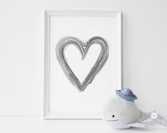 Grey Heart Wall Art Unframed, Minimal Heart Wall Art Print, Black and Grey Love Heart Print, Grey Heart Print