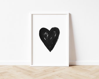 Black Heart Print Unframed, Monochrome Heart Wall Art, Black Love Heart Print, Black Heart Print, Minimal Black Painted Heart