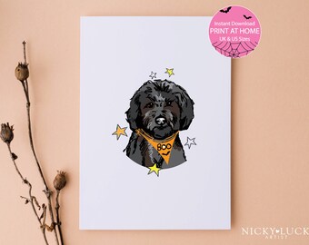 Printable Dog Halloween Card, Labradoodle Card, Cute Halloween Card, Funny Dog Greeting Card, Trick or Treat Dog Card, Printable Dog Card
