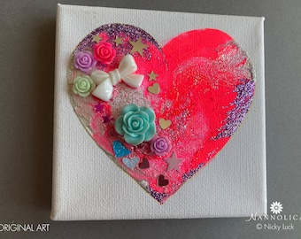Heart abstract painting, Heart mixed media painting, Pink Heart Painting, Heart Nursery Art, Heart Canvas Art, Love Heart Art, Suze