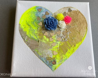 Heart mixed media painting, Heart abstract painting, Neon Yellow Heart Painting, Heart Canvas Art, Love Art, Heart painting with flowers