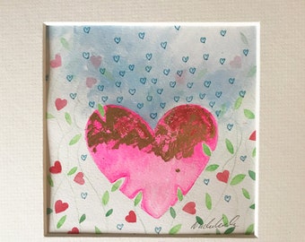 Pink Heart painting, Original heart painting, Pink and gold heart painting, Love heart painting, Gold leaf art, Heart Decor