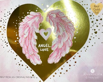 Pink Angel wings print, Gold Foil Angel Wings Print, Angel Love Print, Pink and Gold Angel Wings Art, Angel Feather Print, Guardian Angel