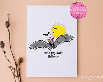 Bat printable Halloween Card, Cute Bat Card, Fangtastic Halloween card