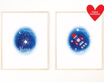 Rocket Printable set of 2, Rocket and Stars Print, Space Printable, Space Prints Nursery, Space Travel Poster, Space Prints Kids, Star Print