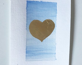 Gold leaf heart original art, blue and gold original art, gold leaf, valentines gift, blue and gold heart, valentines gift, love