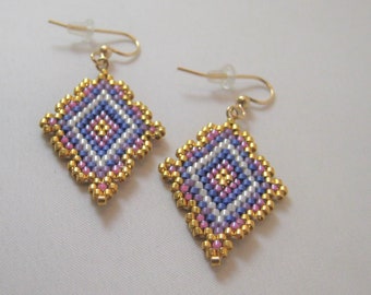 Bead Woven Earrings Dangle Seed Beads 14kt Gold Filled Hooks Lightweight