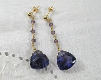 Dangle Earrings West German Vintage Crystal Drop on Amethyst Chain 14kt Gold Filled Stud Posts