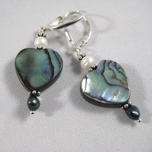 Earrings Heart shaped Paua Shell Abalone Beads dangle with Freshwater Pearls Sterling Silver lever back Beach Boho Lightweight