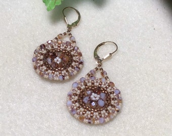 Mandala Hand beaded dangle Earrings Neutral tones 14kt Gold Filled Ear wires Seed Beads Czech Crystals