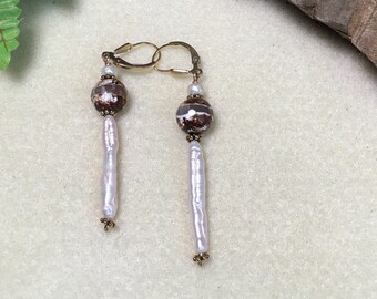 Dangle Drop Earrings Freshwater Stick Pearls & Tibetan Agate Gemstone Lead Free Pewter Accents 14Kt. Gold Filled Lever back Ear wires