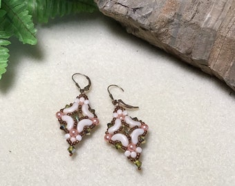 Beaded Earrings Glass Peach Pearls Swarovski Center Crystal embedded using Seed Beads 14kt Gold Fill Lever Back Earwires