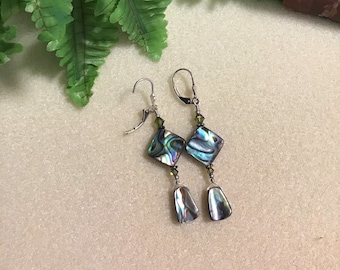 Abalone beads meets Swarovski crystal beads dangle earrings. Sterling silver lever back