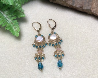 Hand Beaded Dangle Drop Earrings Bead Woven Swarovski Crystals, Mother of Pearl, MOP, Seed Beads  14kt Gold Filled Lever back Earwires