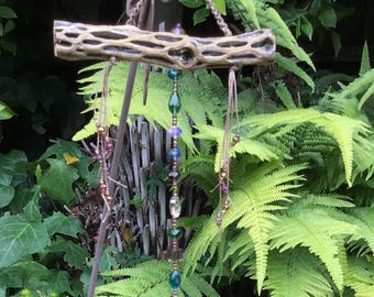 Glass Bead Suncatcher: Crystal Prism, Cholla Cactus, Boho Window Hanger macrame