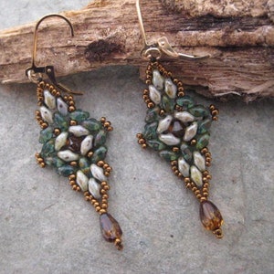 Dangle Earrings of Seed Beads, Earth tone Crystals Bead woven Super Duo Beads on 14kt. Gold Filled Lever back earwires image 5