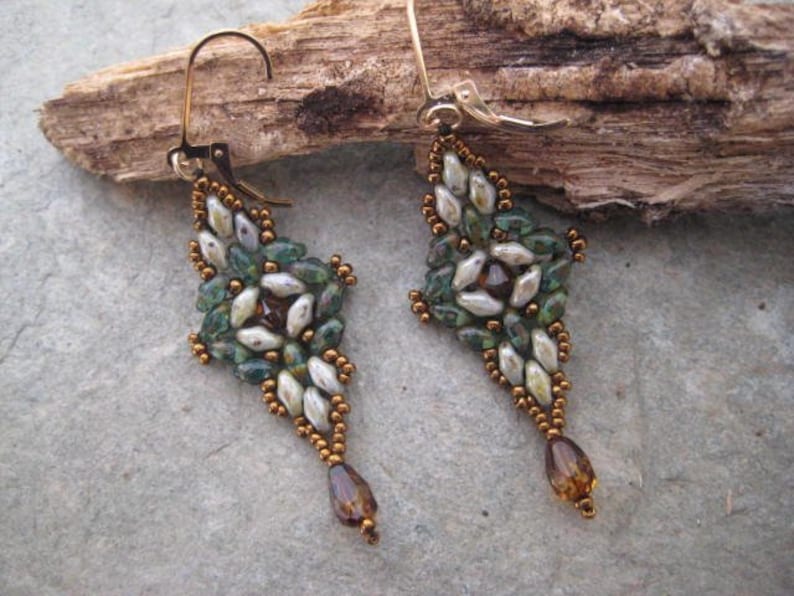 Dangle Earrings of Seed Beads, Earth tone Crystals Bead woven Super Duo Beads on 14kt. Gold Filled Lever back earwires image 5