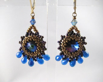 Swarovski Dangle Drop Beadwoven Earrings Blue Beaded Crystal Stone Bronze Seed  Beads 14kt  Gold Filled Leverback Earwires