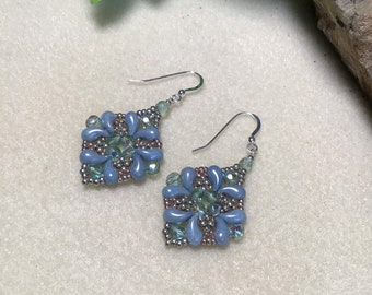 Bead Woven Crystal Dangle Drop Earrings  Beaded   Sterling Silver Ear Hooks  2.25" Pastel Blue FREE SHIPPING