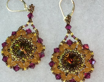 Beaded Earrings Dangle Swarovski Crystal  Yellow/Fuchsia/Gold 14kt Gold Filled Leverback Ear wires  Beaded Rivoli and Seed Bead