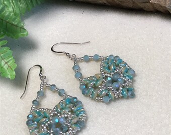 Beaded Dangle earrings Woven Silver Seed Beads  Crystals and Super Duos Sterliing Silver Hooks