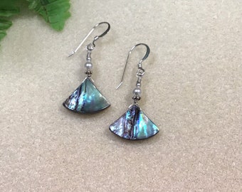 Abalone fan shaped dangle earrings glass pearl accent Sterling Silver hooks