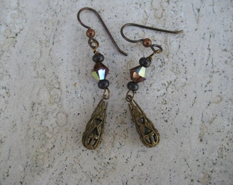 Dangle Earrings in Antique Brass Lead Free Topaz Swarovski  Crystal Niobium Ear wire