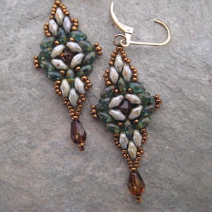 Dangle Earrings of Seed Beads, Earth tone Crystals Bead woven Super Duo Beads on 14kt. Gold Filled Lever back earwires image 1