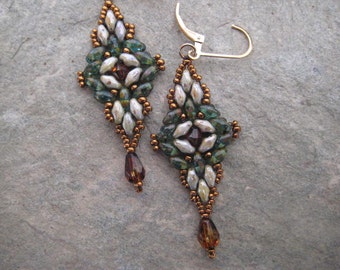 Dangle Earrings of Seed Beads, Earth tone Crystals Bead woven Super Duo Beads on 14kt. Gold Filled Lever back earwires