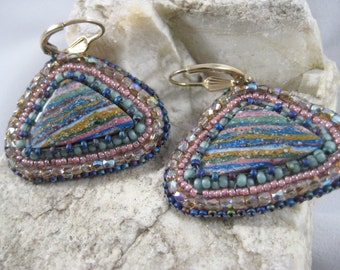 Earrings Bead Embroidery Calsilica Striped Gem stone Beaded Triangle Shape with Crystals Seed Beads 14kt Gold Fill Leverback earwires