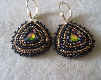 Bead Embriodery Dangle Beaded Earrings Black Gold Japanese Seed beads Swarovski Crystal Rainbow  14kt Gold Filled  Leverback earwires