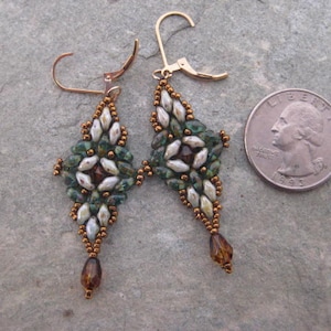 Dangle Earrings of Seed Beads, Earth tone Crystals Bead woven Super Duo Beads on 14kt. Gold Filled Lever back earwires image 3
