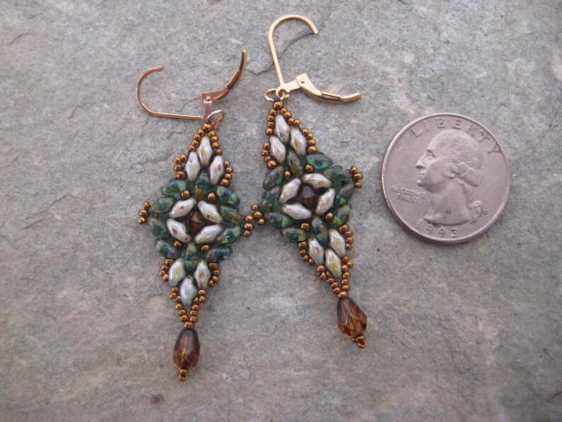 Dangle Earrings of Seed Beads, Earth tone Crystals Bead woven Super Duo Beads on 14kt. Gold Filled Lever back earwires image 3