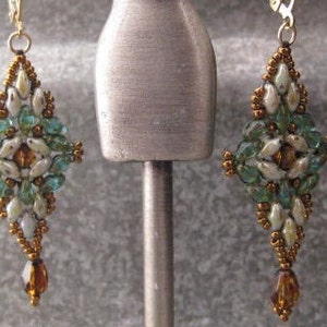 Dangle Earrings of Seed Beads, Earth tone Crystals Bead woven Super Duo Beads on 14kt. Gold Filled Lever back earwires image 4