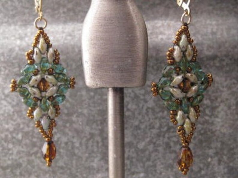 Dangle Earrings of Seed Beads, Earth tone Crystals Bead woven Super Duo Beads on 14kt. Gold Filled Lever back earwires image 4